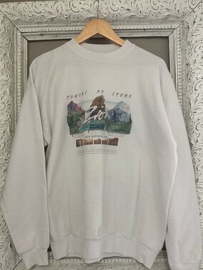 Vintage Hanes White Crewneck Sweatshirt with Zion 'Towers of Stone' Graphic